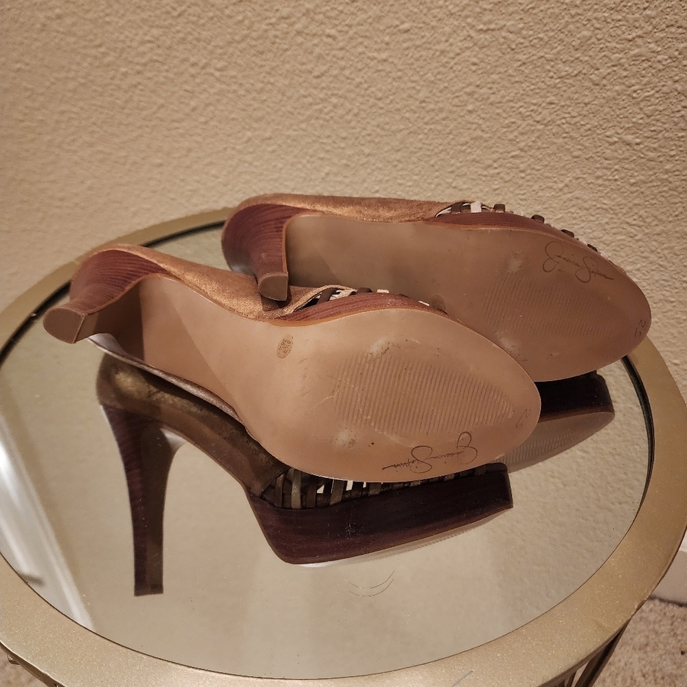 Jessica Simpson Leather Brown Gold Silver Heels Size 8.5B - Picture 5 of 7